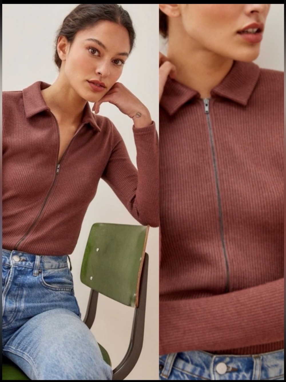 Reformation Ribbed Zip-Front Sweater in Mauve Brown sz S